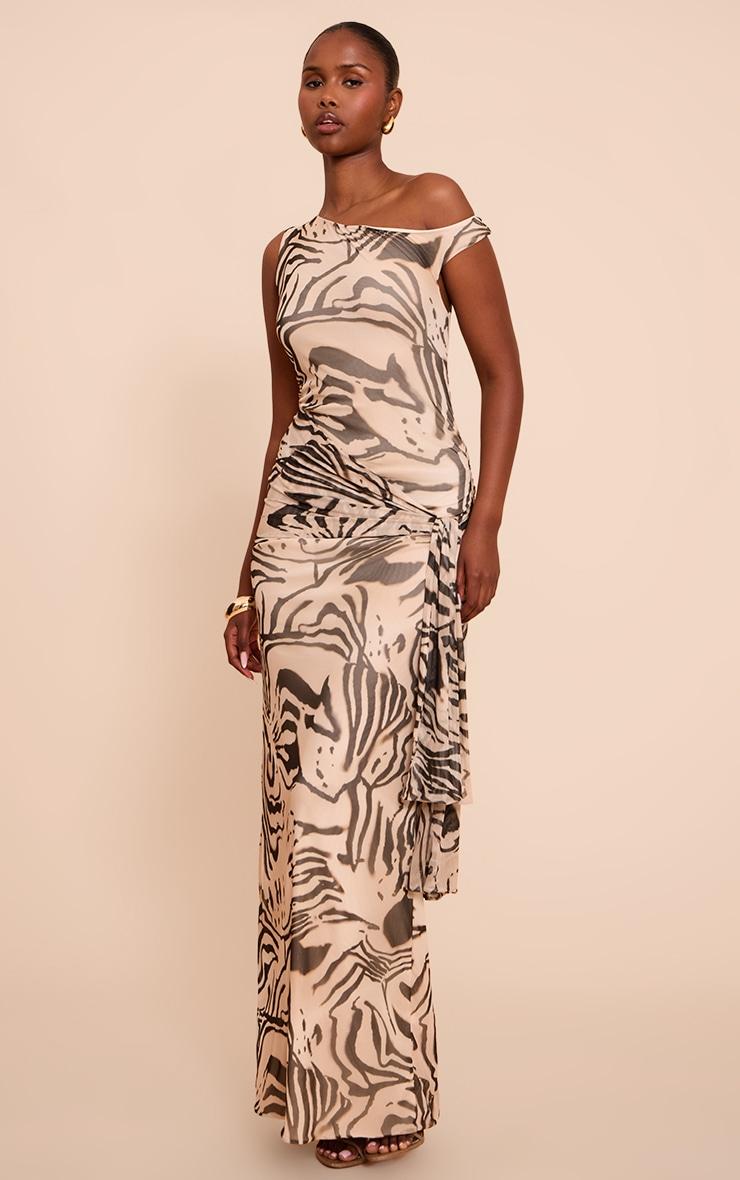 Cream Zebra Print Mesh Asymmetric Neckline Maxi Dress Product Image