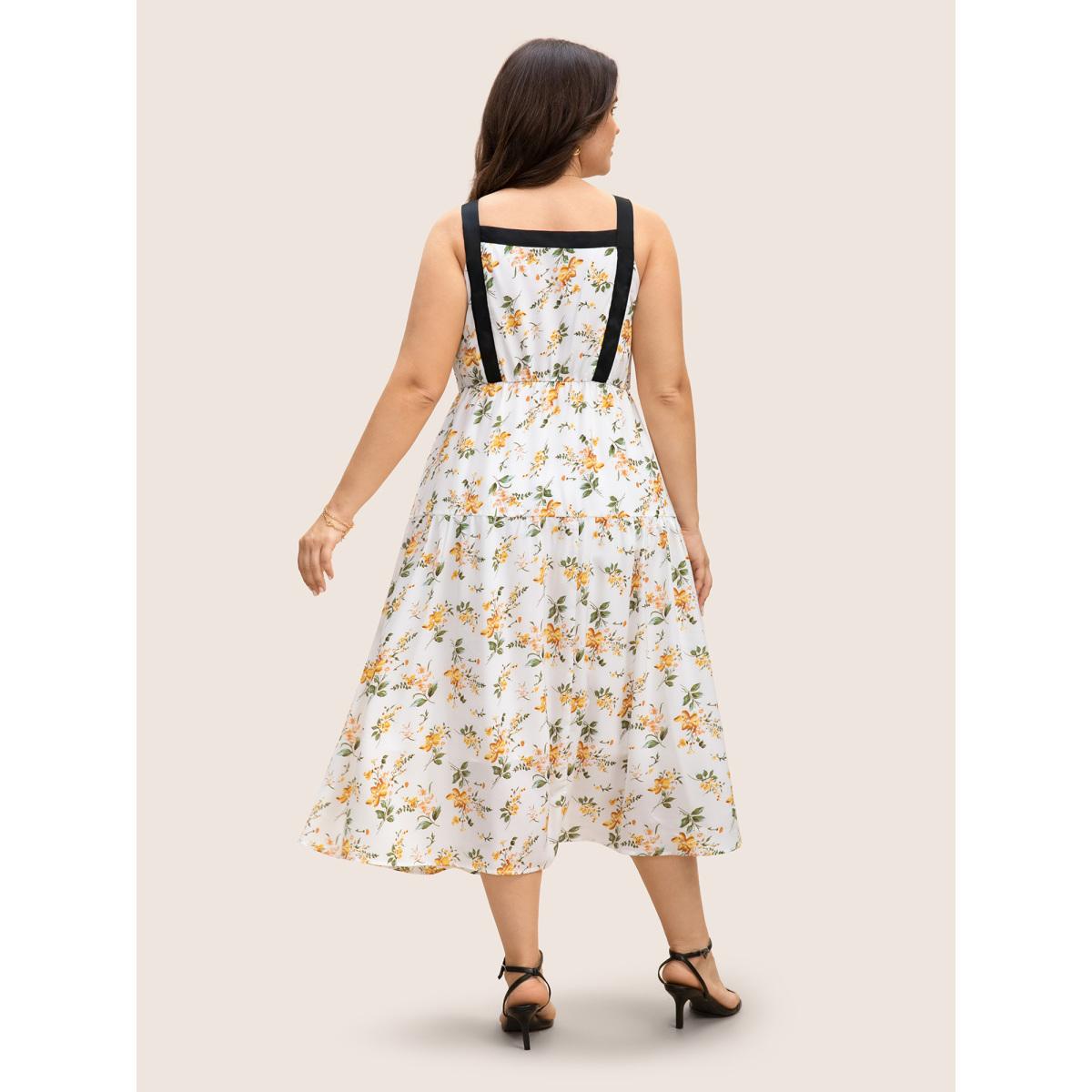 Plus Size Square Neck Contrast Trim Floral Print Dress Ivory Women Elegant Woven ribbon&lace trim Non Sleeveless Curvy BloomChic 12/L Product Image