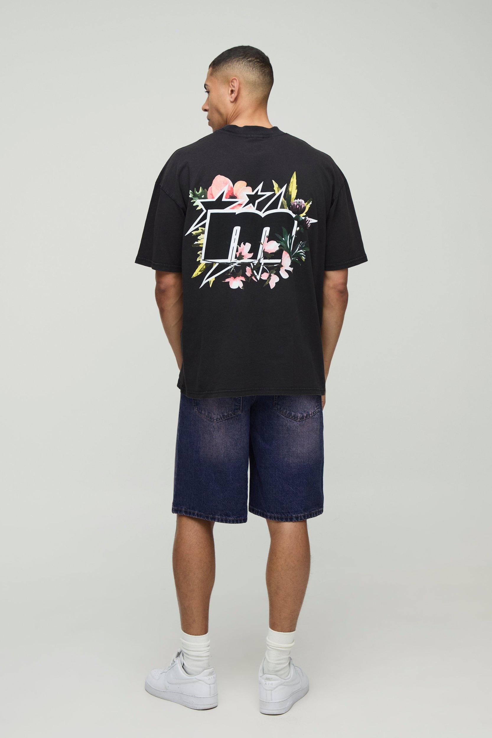 Washed Black Oversized Floral Star T-Shirt | boohooMAN USA Product Image
