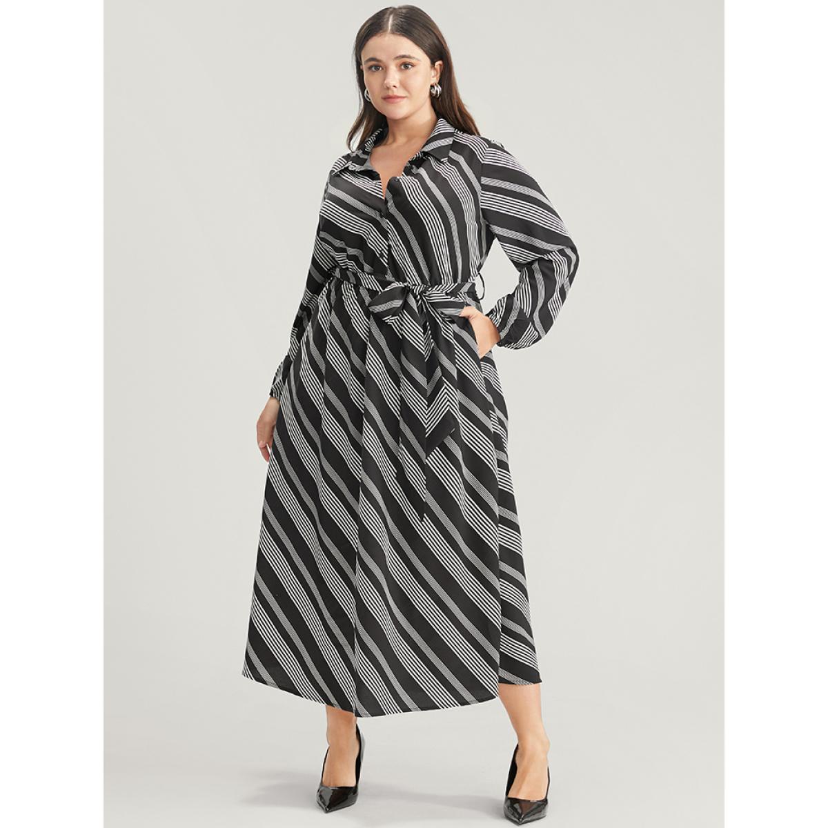 Plus Size Striped Lantern Sleeve Pocket Belted Lapel Collar Dress Black Women Office Belted Lapel Collar Long Sleeve Curvy Midi Dress BloomChic 10/M Product Image