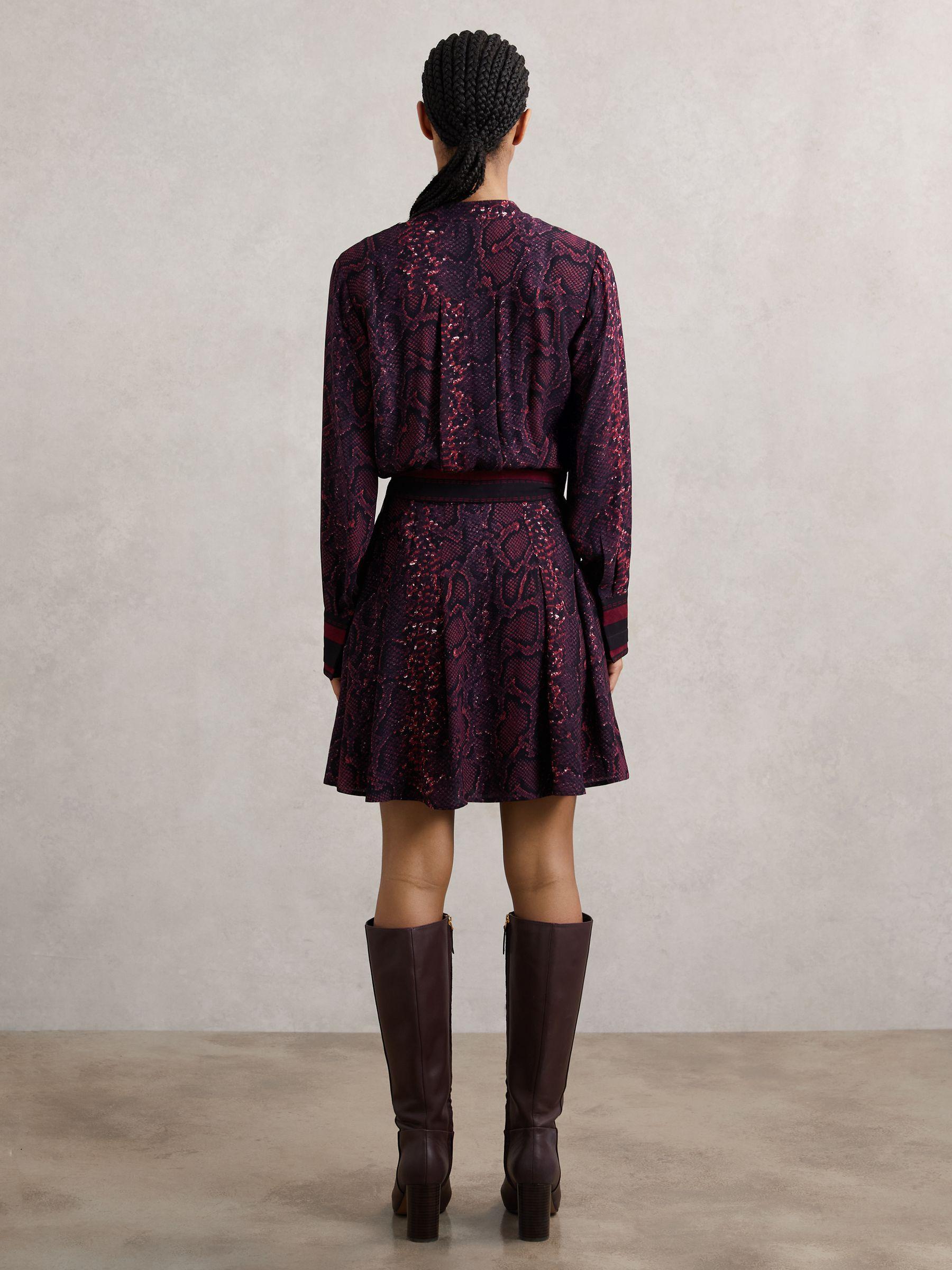 Snake-Print Belted Mini Dress in Burgundy/Black Product Image