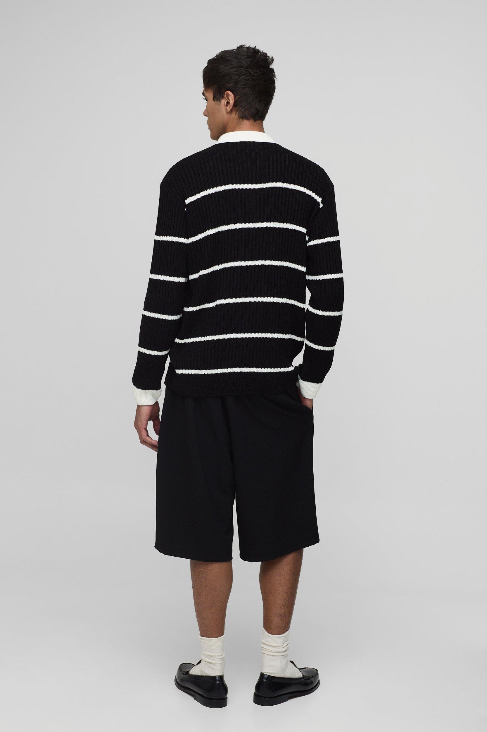 Regular Fit Striped Knitted Rugby Polo | boohooMAN USA Product Image