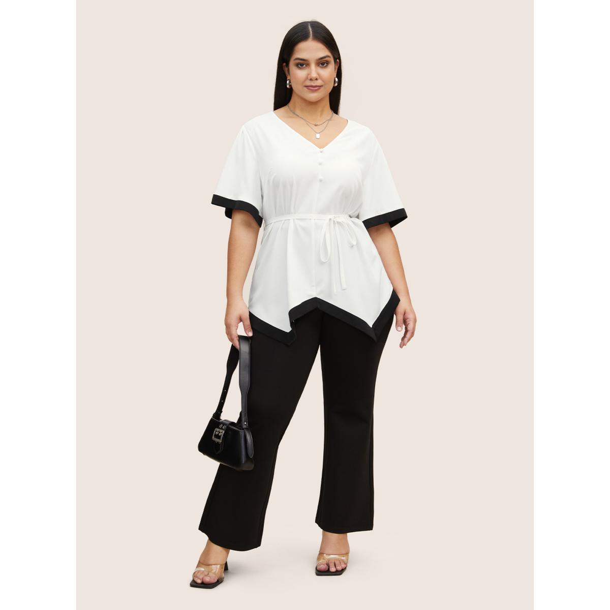 Plus Size White V Neck Patchwork Contrast Tie Knot Blouse Women At the Office Short sleeve V-neck Work Blouses BloomChic 22-24/3X Product Image