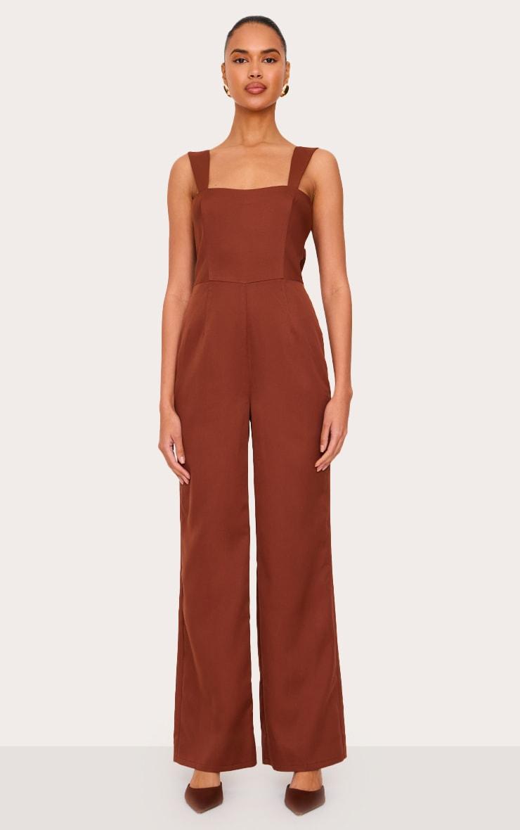 Chocolate Woven Cut Out Bow Detail Jumpsuit Product Image