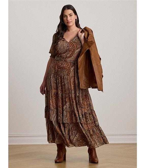 Lauren Ralph Lauren Plus Size Paisley Belted Georgette A-Line Maxi Dress Product Image