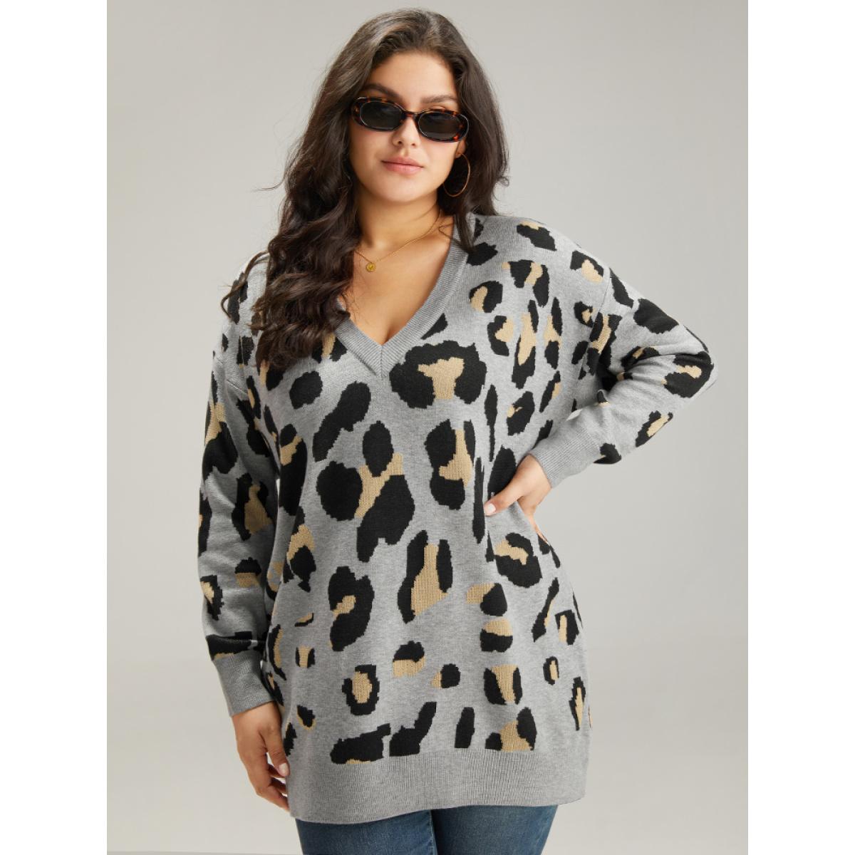 Plus Size Anti-Pilling Leopard Elastic Cuffs Pullover Leopard Women Casual Loose Long Sleeve V-neck Dailywear Pullovers BloomChic 12/L Product Image