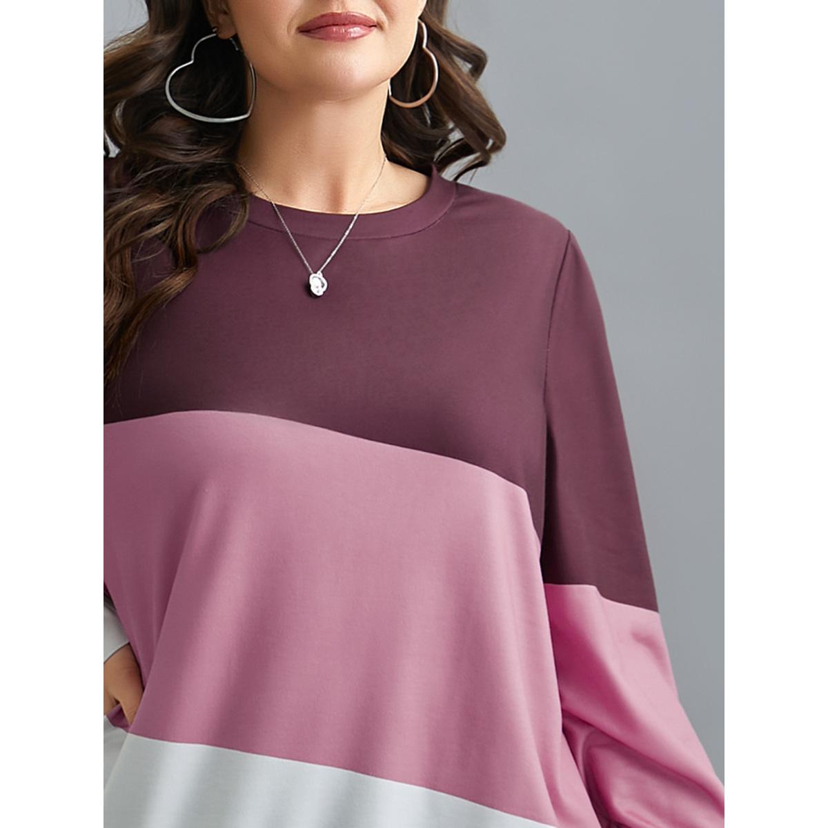Plus Size Color Block Round Neck Sweatshirt Women Multicolor Casual Contrast V-neck Everyday Sweatshirts BloomChic 30/6X Product Image