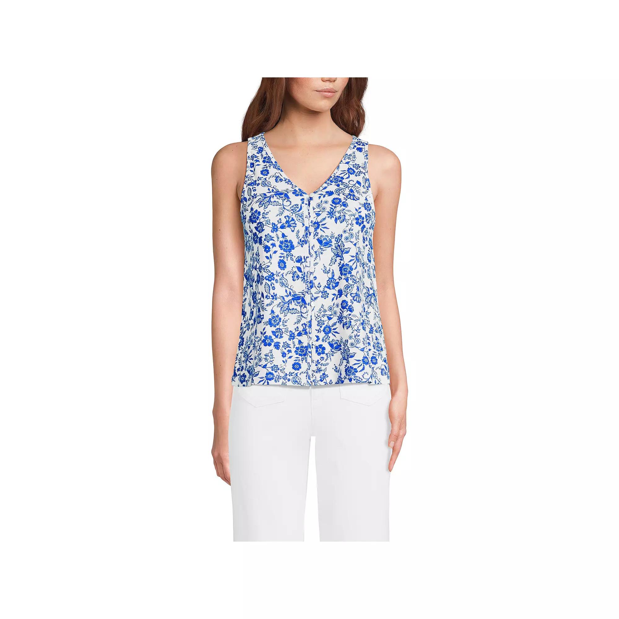 Women's Lands' End Printed Button Down V-Neck Tank Top, Size: Medium, Blue Ornate Floral Product Image