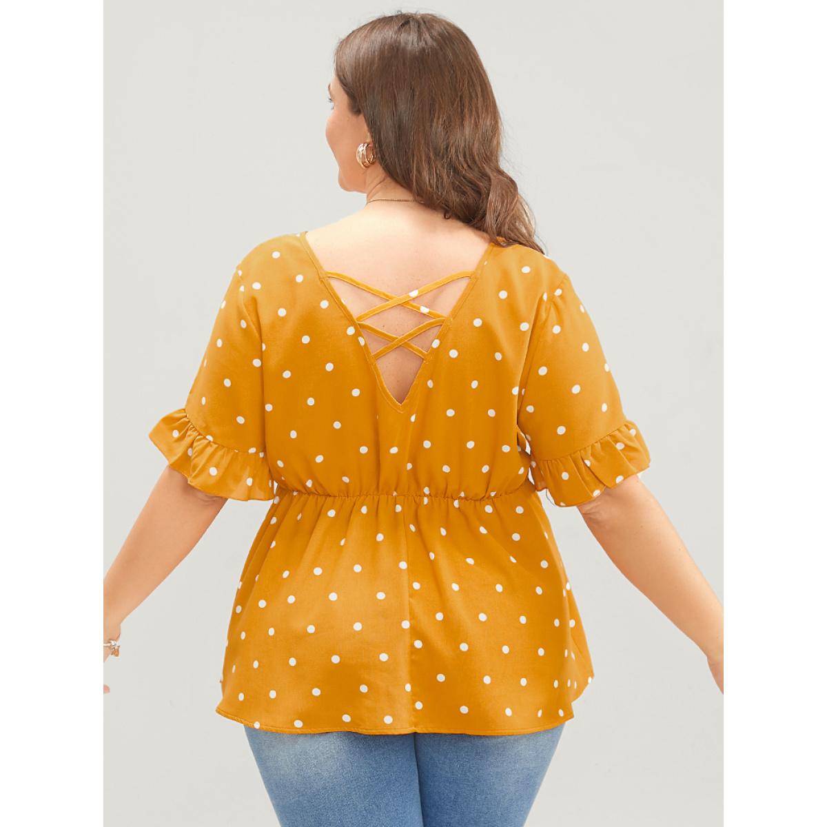 Plus Size Orange Polka Dot Crisscross Back Ruffles Trim T-shirt Women Elegant Short sleeve Round Neck Dailywear Blouses BloomChic 12/L Product Image