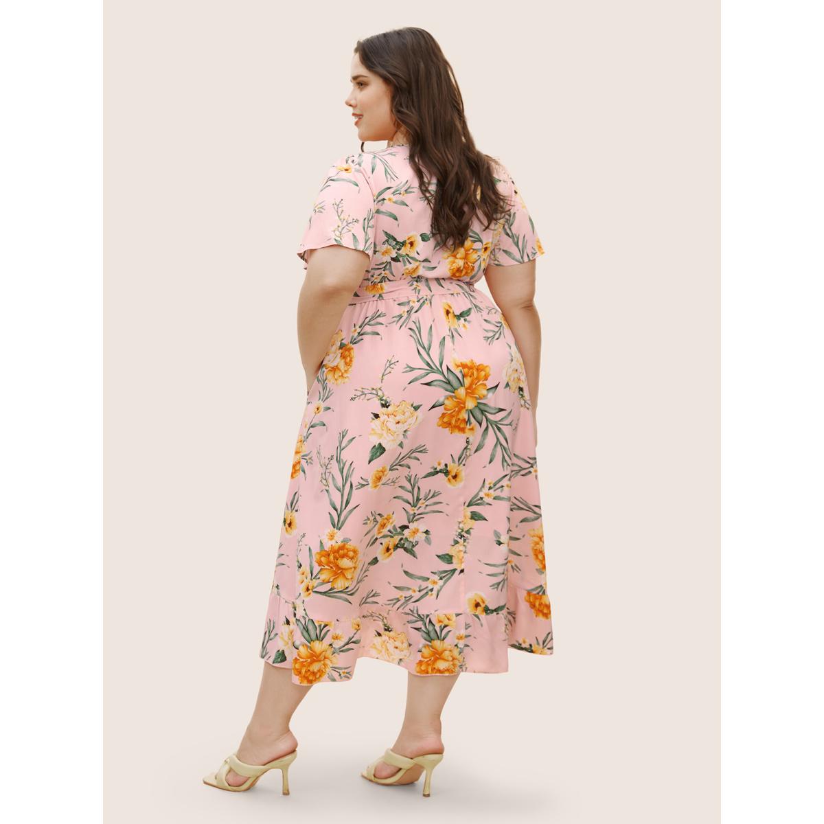 Plus Size Floral Surplice Neck Pocket Belted Dress Blush Women Elegant Tie knot V-neck Short sleeve Curvy BloomChic 12/L Product Image
