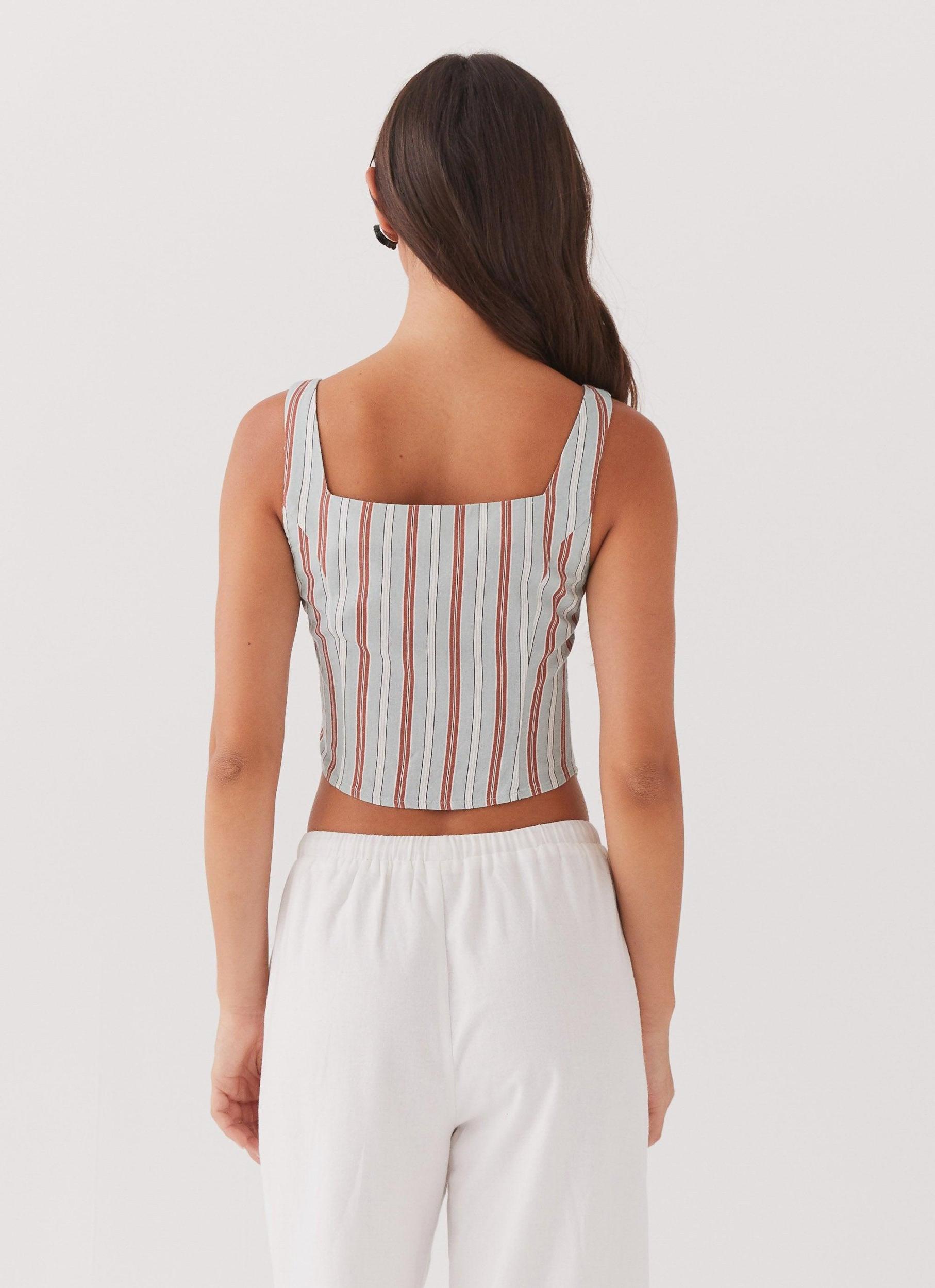 Oasis Dreams Linen Tie Top - Coastal Stripe Product Image