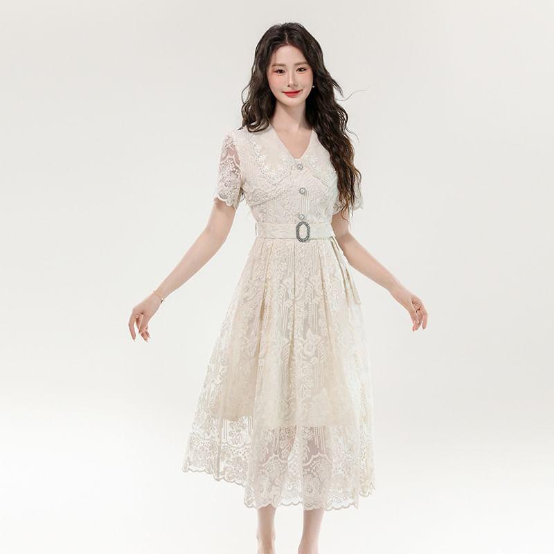 Short Sleeve V-Neck Plain Embroidered Belted Button Midi A-Line Dress Product Image