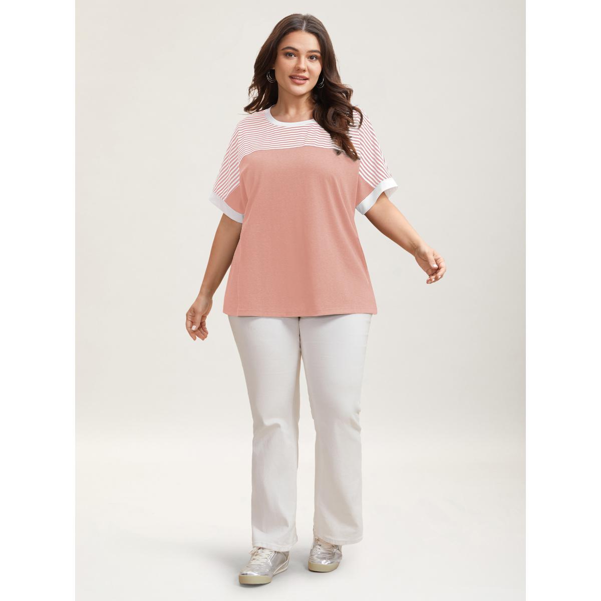 Plus Size Solid and Striped Contrast Hem T-Shirt Nudepink Women Leisure Contrast Round Neck Casual T-shirts BloomChic 18-20/2X Product Image