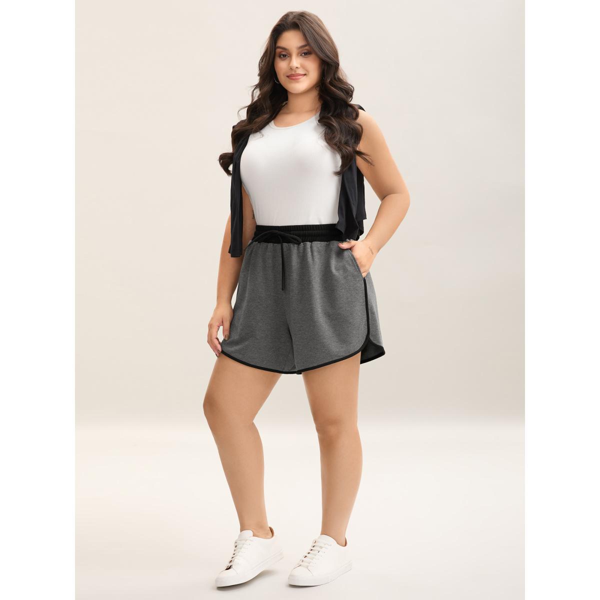 Plus Size Color Block Drawstring Plain Shorts Women DimGray Casual Contrast Loose Everyday Shorts BloomChic 22-24/3X Product Image