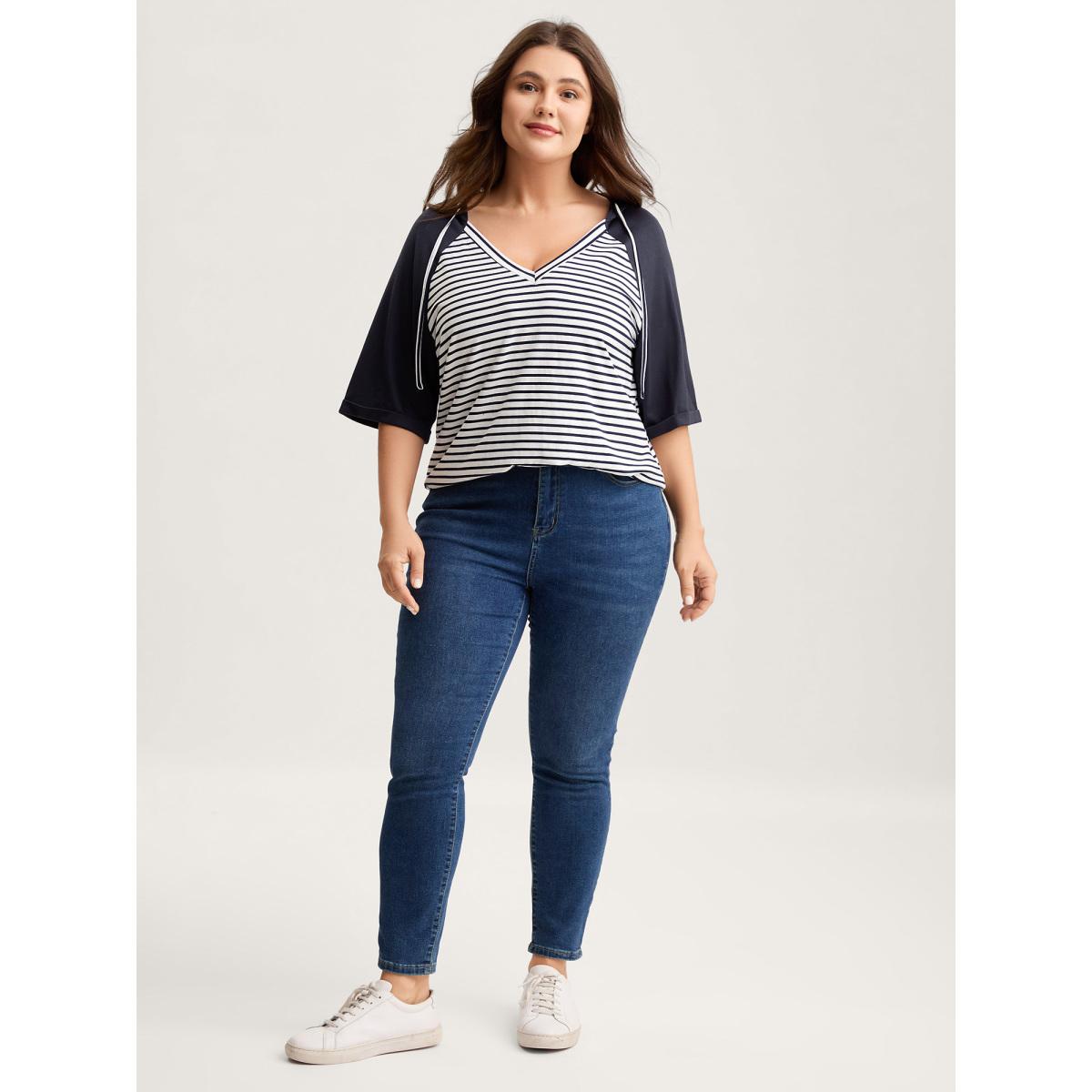 Plus Size Striped Raglan Hooded Contrast T-Shirt Indigo Women Contrast Hooded Everyday-Casual T-shirts BloomChic 12/L Product Image
