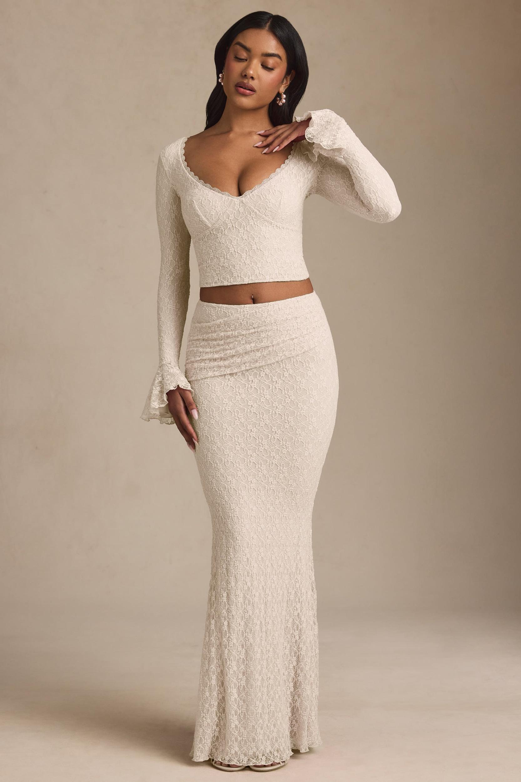 Draped Low-Rise Lace Maxi Skirt in Ivory Product Image