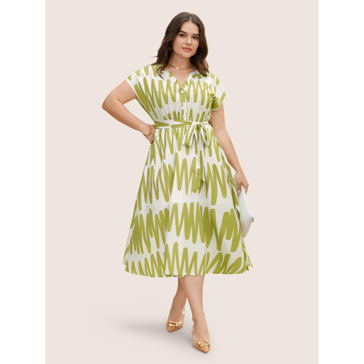 Plus Size Notched Striped Elastic Waist Split Hem Midi Dress Moss Women At the Office Belted Shirt collar Cap Sleeve Curvy BloomChic 12/L Product Image