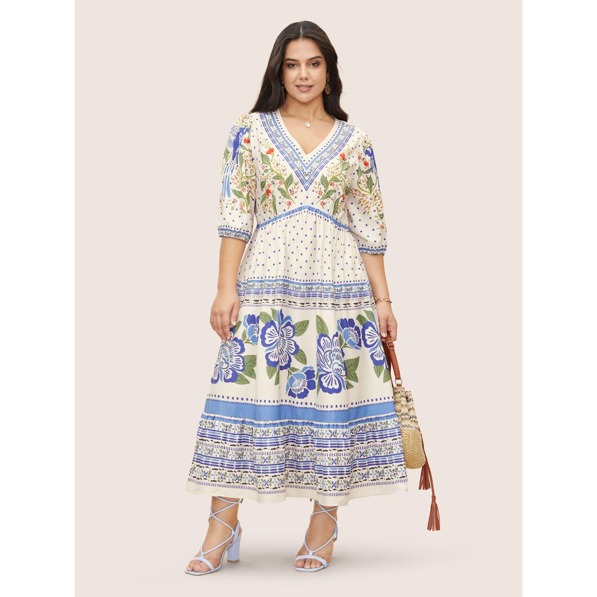 Plus Size V Neck Floral Print Elastic Waist Lantern Sleeve Dress Blue Women Resort Gathered V-neck Sleeveless Curvy Midi Dress BloomChic 10/M Product Image