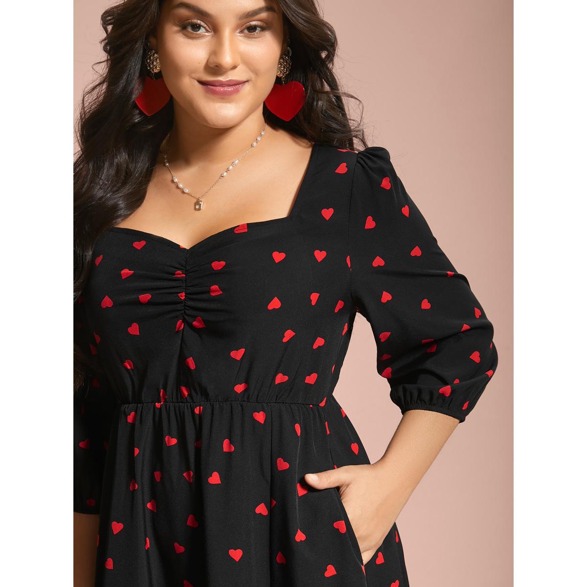 Plus Size Sweetheart Neckline Side Slit Midi Dress Black Women Elegant Gathered Heart neckline Elbow-length sleeve Curvy BloomChic 12/L Product Image