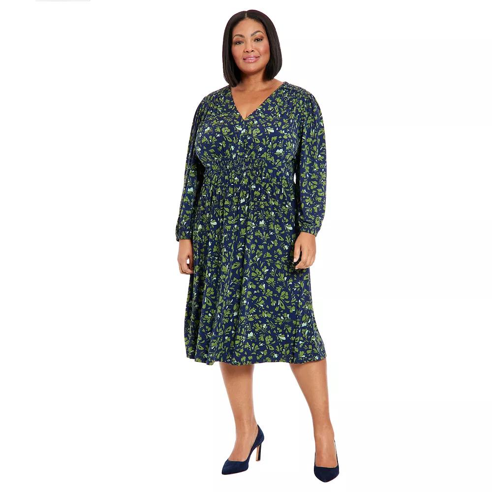 Plus Size London Times V-Neck Smocked Bishop Sleeve Midi Dress, Women's, Size: 1XL, Navy Green Product Image