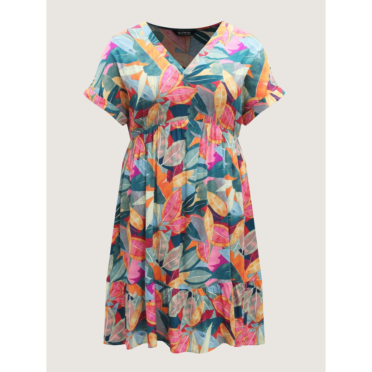 Plus Size Rayon Leafy Print Pockets Midi Dress Teal Women Resort V-neck Short sleeve Curvy BloomChic 10/M Product Image