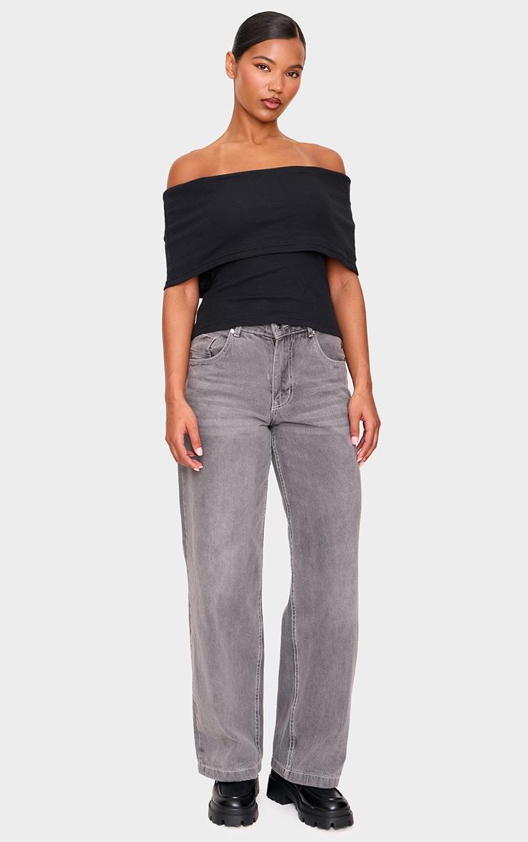 Black Ribbed Foldover Bardot Top Product Image