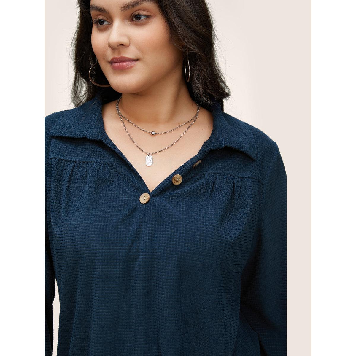 Plus Size Plain Waffle Knit Gathered Button Detail T-shirt Blue Women Casual Texture Plain Polo Everyday T-shirts BloomChic 14-16/1X Product Image