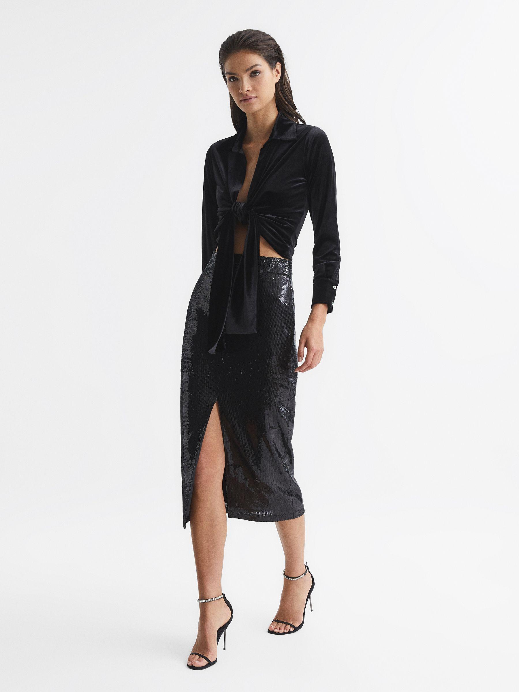 Tie-Front Velvet Crop Top in Black Product Image