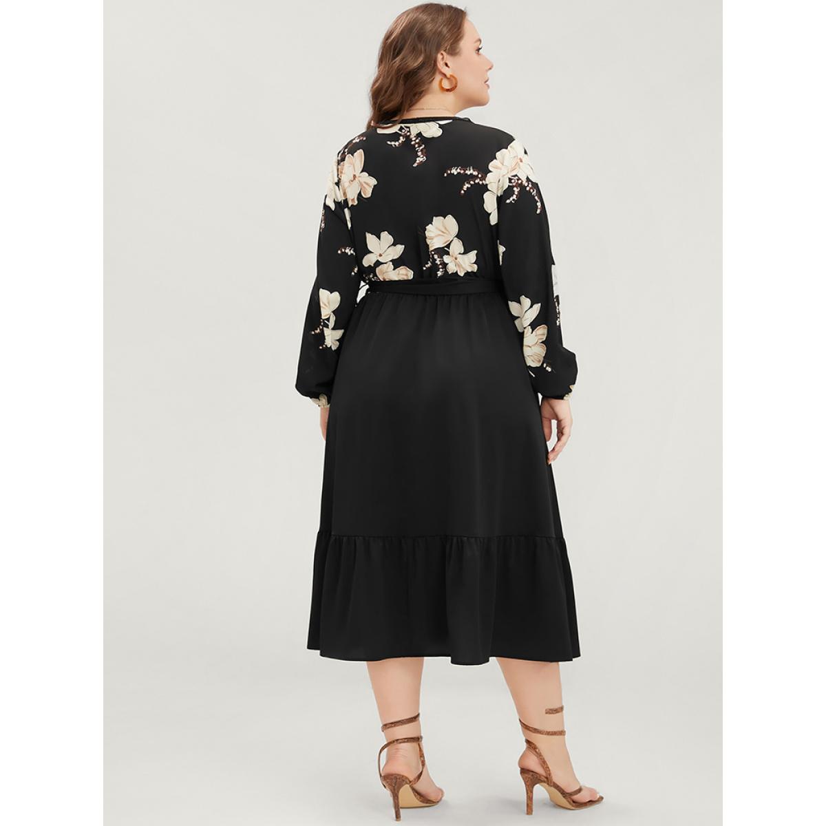 Plus Size Floral Pocket Broderie Anglaise Lantern Sleeve Belted Flutter Dress BlackFlower Women Elegant Pocket V-neck Long Sleeve Curvy Midi Dress BloomChic 10/M Product Image