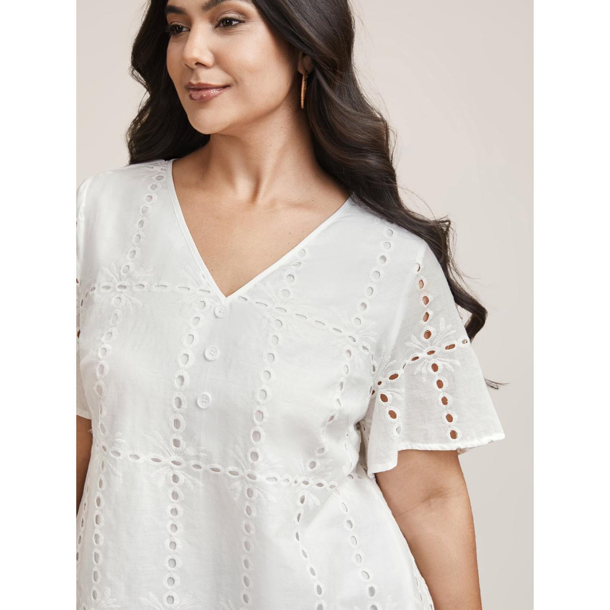 Plus Size Originalwhite Cotton Embroidered V-Neck Shirt Women Resort Short sleeve V-neck Vacation Blouses BloomChic 18-20/2X Product Image