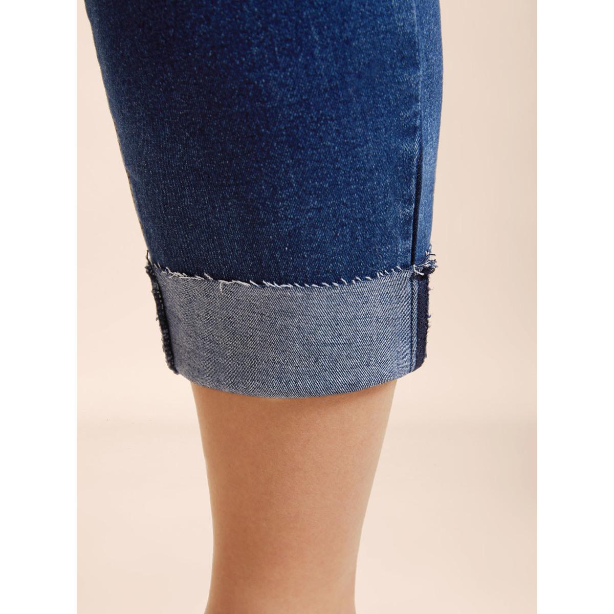 Plus Size Whiskered Rolled Hem Slim-Fit Jeans Women Bluevintage Casual Medium stretch Slanted pocket Jeans BloomChic 26/4X Product Image