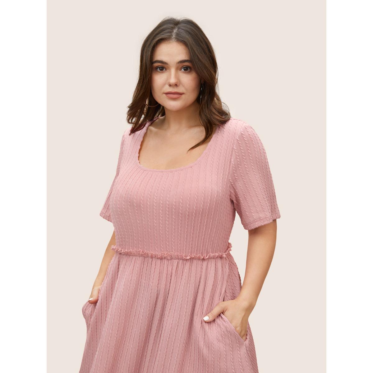 Plus Size Plain Textured Frill Trim Pocket Dress Pink Women Casual Frill Trim Round Neck Short sleeve Curvy BloomChic 22-24/3X Product Image