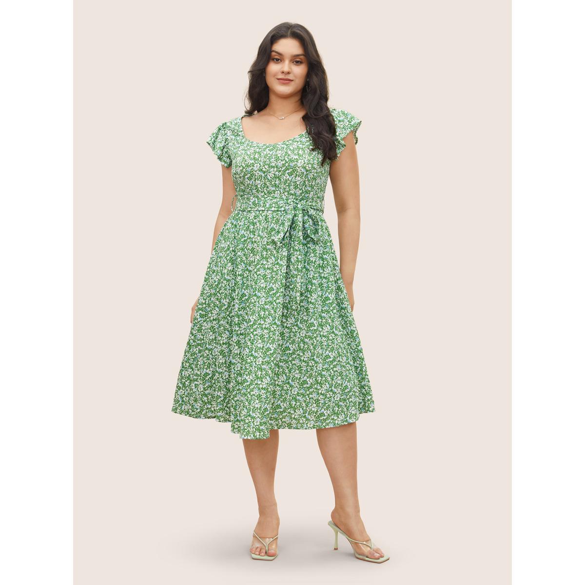 Plus Size Ditsy Floral Belted Flutter Cap Sleeve Dress Green Women Elegant Non Square Neck Cap Sleeve Curvy Midi Dress BloomChic 26/4X Product Image