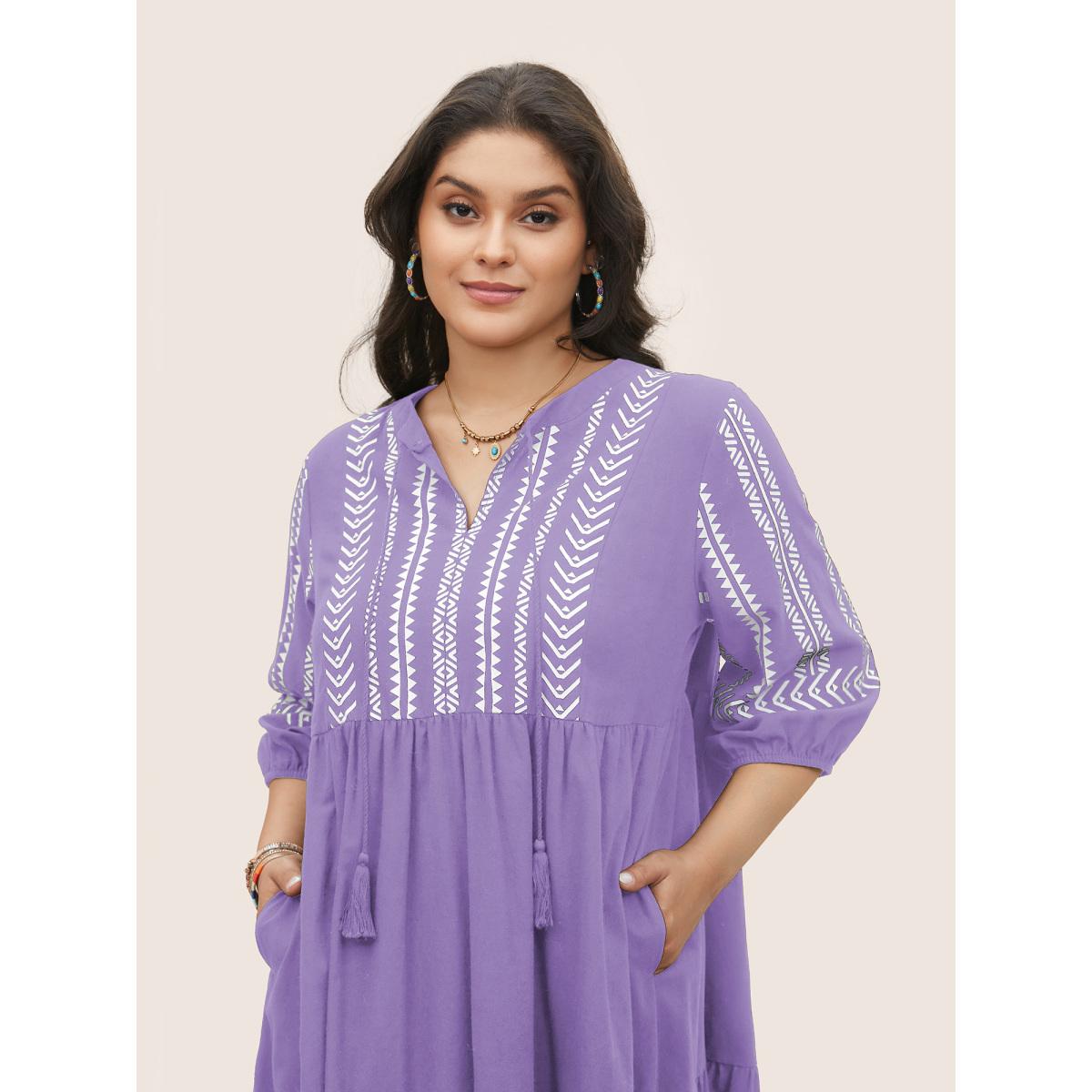 Plus Size Cotton Geometric Bandana Print Tassel Trim Dress Lilac Women Resort Non V-neck Short sleeve Curvy Knee Dress BloomChic 18-20/2X Product Image
