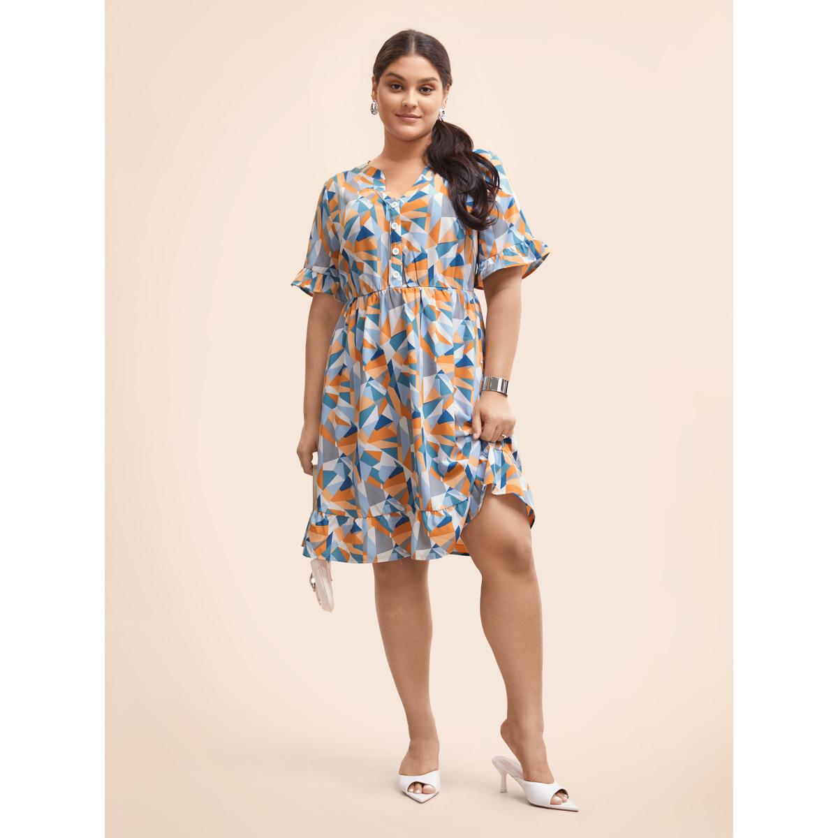 Plus Size Colorblock Contrast Notched Ruffle Sleeve Dress Multicolor Women Workwear Essentials Frill Trim Notched collar Half Sleeve Curvy BloomChic 30/6X Product Image