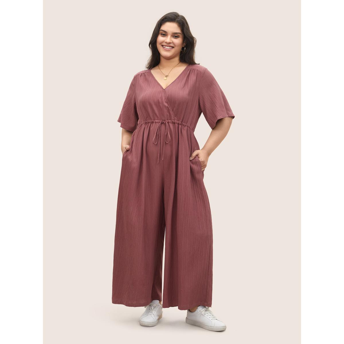 Plus Size Burgundy Plain Texture Drawstring Pleated Wrap Jumpsuit Women Casual Short sleeve Overlap Collar Everyday Loose Jumpsuits BloomChic 22-24/3X Product Image
