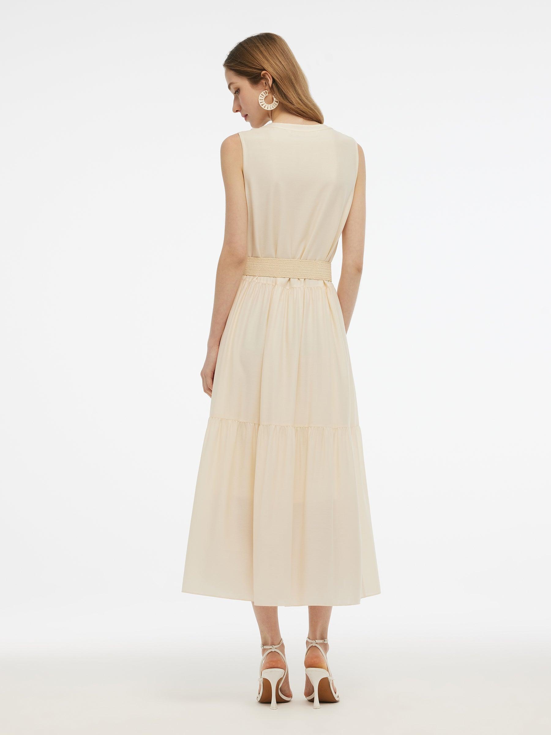 Acetate Blend Loose Fit Women A-Line Maxi Vest Dress With Belt Product Image