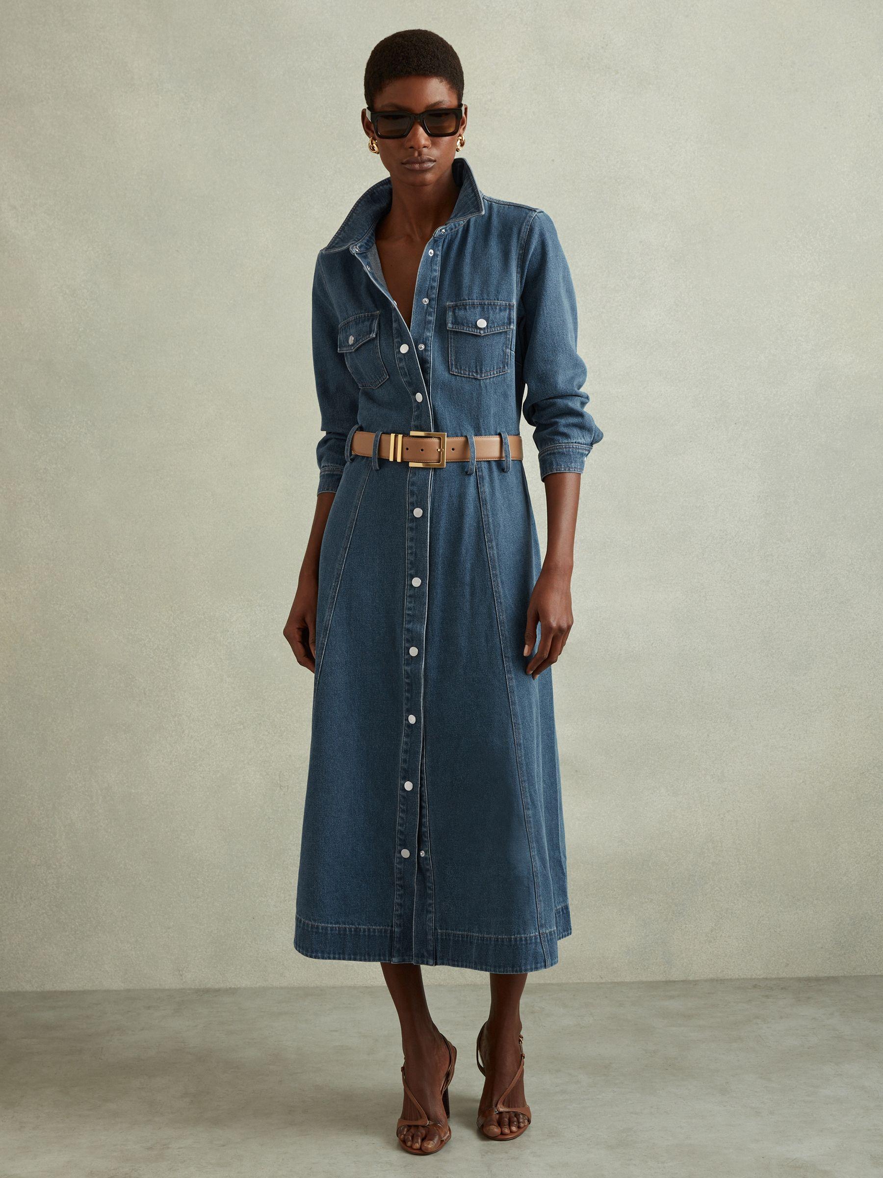 Belted Denim Midi Dress in Indigo Product Image