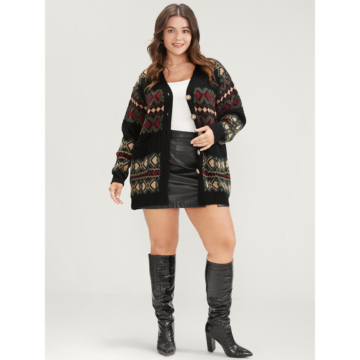 Plus Size Geometric Contrast Pointelle Knit Pocket Jacquard Button Front Cardigan Multicolor Women Casual Loose Long Sleeve Dailywear Cardigans BloomChic 12/L Product Image