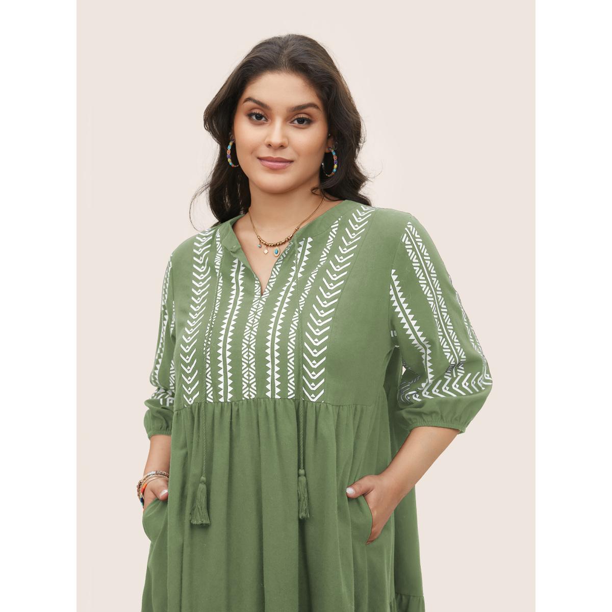 Plus Size Cotton Geometric Bandana Print Tassel Trim Dress ArmyGreen Women Boho Non V-neck Short sleeve Curvy Knee Dress BloomChic 18-20/2X Product Image