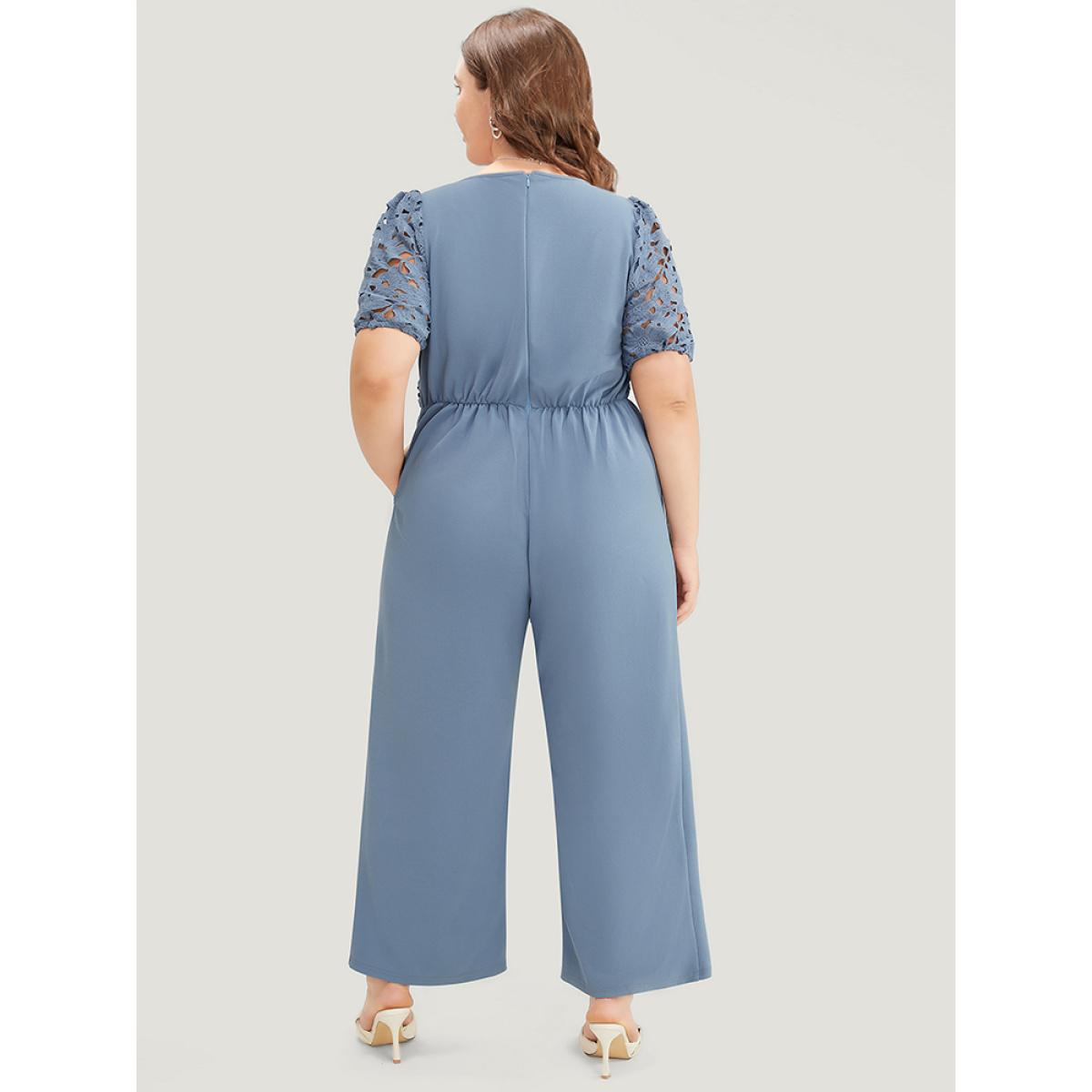 Plus Size Stone Solid Lace Notched Square Neck Pocket Pleated Jumpsuit Women Glamour Short sleeve V-neck Going out Loose Jumpsuits BloomChic 26/4X Product Image
