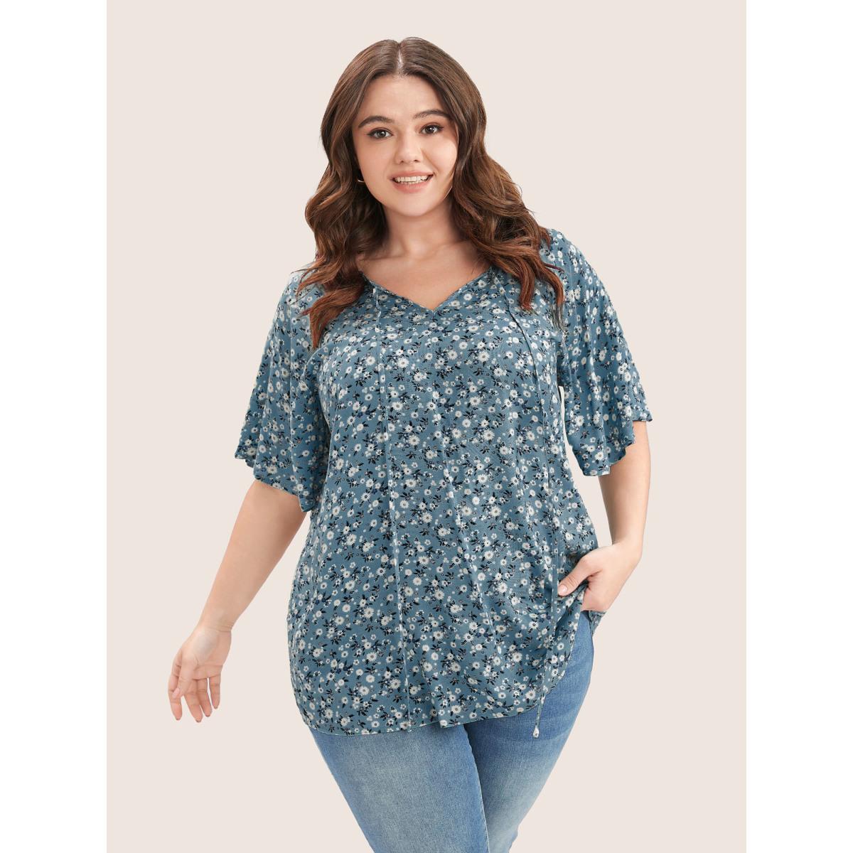 Plus Size Aegean Ditsy Floral Ruffle Sleeve Tie Neck Blouse Women Elegant Short sleeve V-neck Everyday Blouses BloomChic 26/4X Product Image