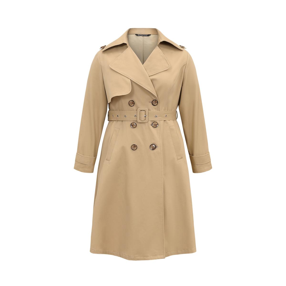 Plus Size Lapel Collar Belted Buckle Detail Double Breasted Coat Women Apricot Casual Lined Ladies Dailywear Winter Coats BloomChic 14-16/1X Product Image