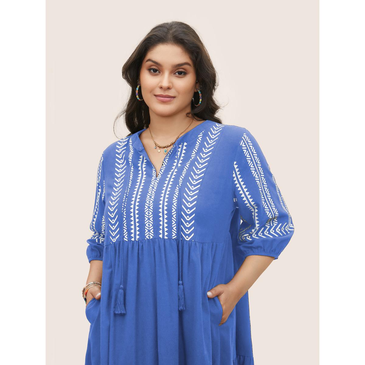 Plus Size Cotton Geometric Bandana Print Tassel Trim Dress Mediumblue Women Boho Non V-neck Short sleeve Curvy Knee Dress BloomChic 14-16/1X Product Image