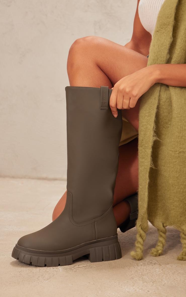 Khaki Wide Fit Pu Slip On Knee High Boots Product Image