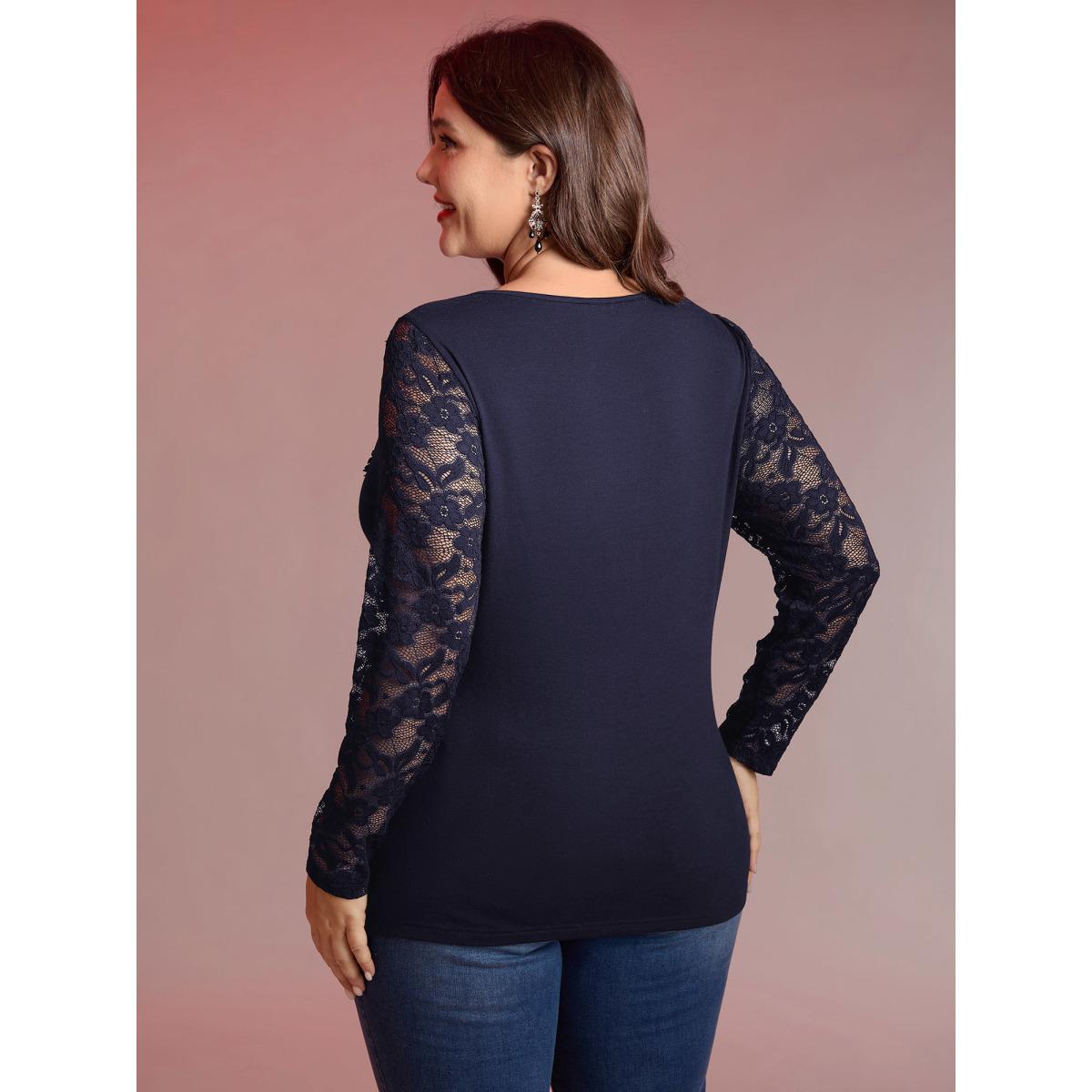 Plus Size Sheer Lace Fitted Solid T-Shirt Indigo Women Timeless See through Notched collar Bodycon Elegant T-shirts BloomChic 22-24/3X Product Image