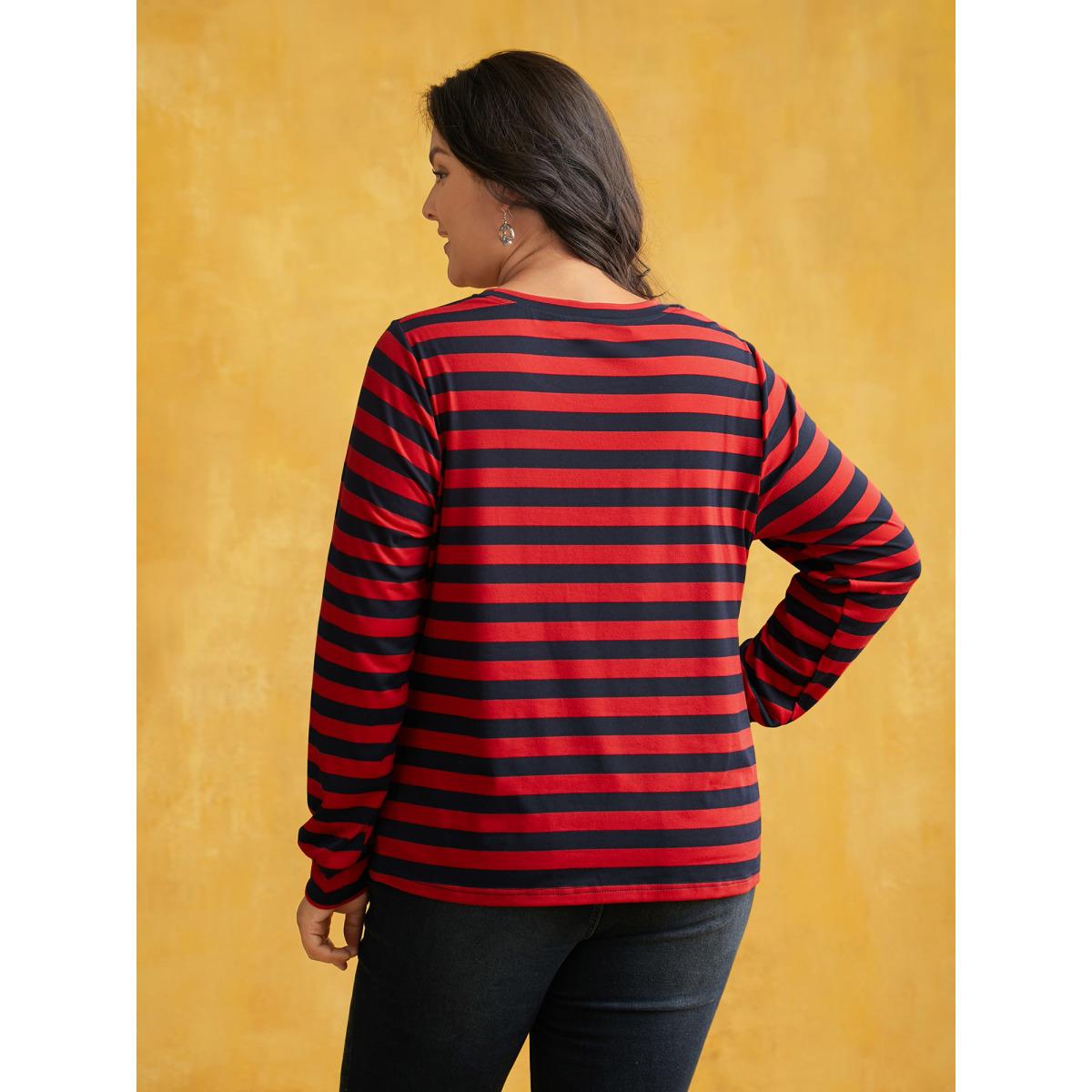 Plus Size Striking Striped Relaxed Fit T-shirt Brightred Women Casual Distressed Round Neck Everyday T-shirts BloomChic 12/L Product Image