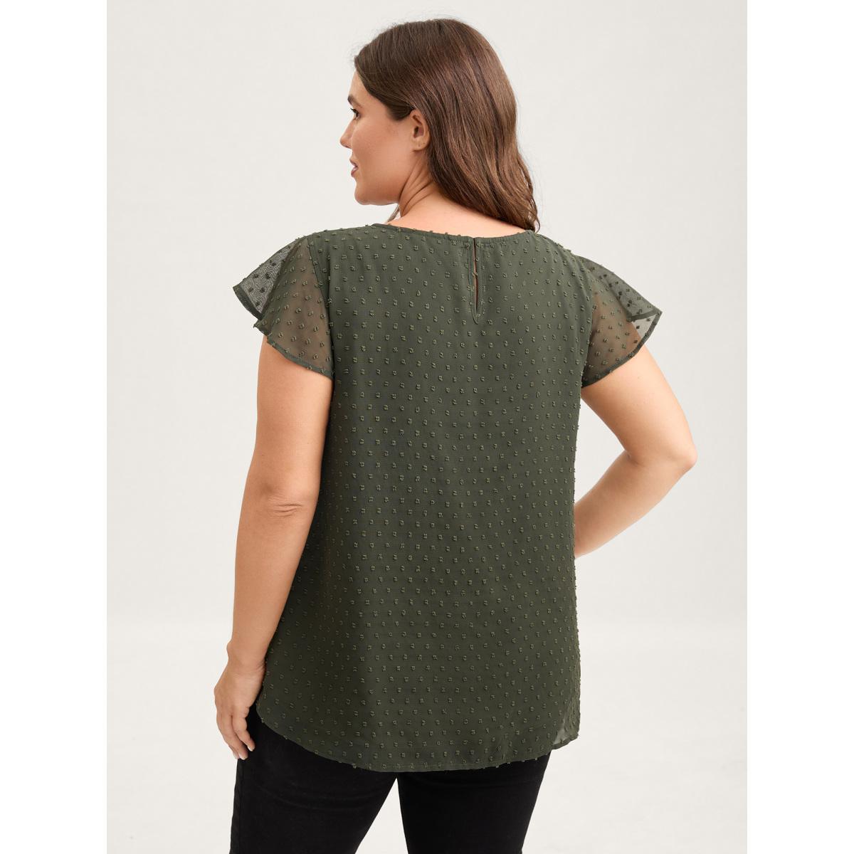 Plus Size ArmyGreen Textured Bust-Ease Ruffled Sleeve Blouse Women Leisure Short sleeve Round Neck Casual Blouses BloomChic 28/5X Product Image