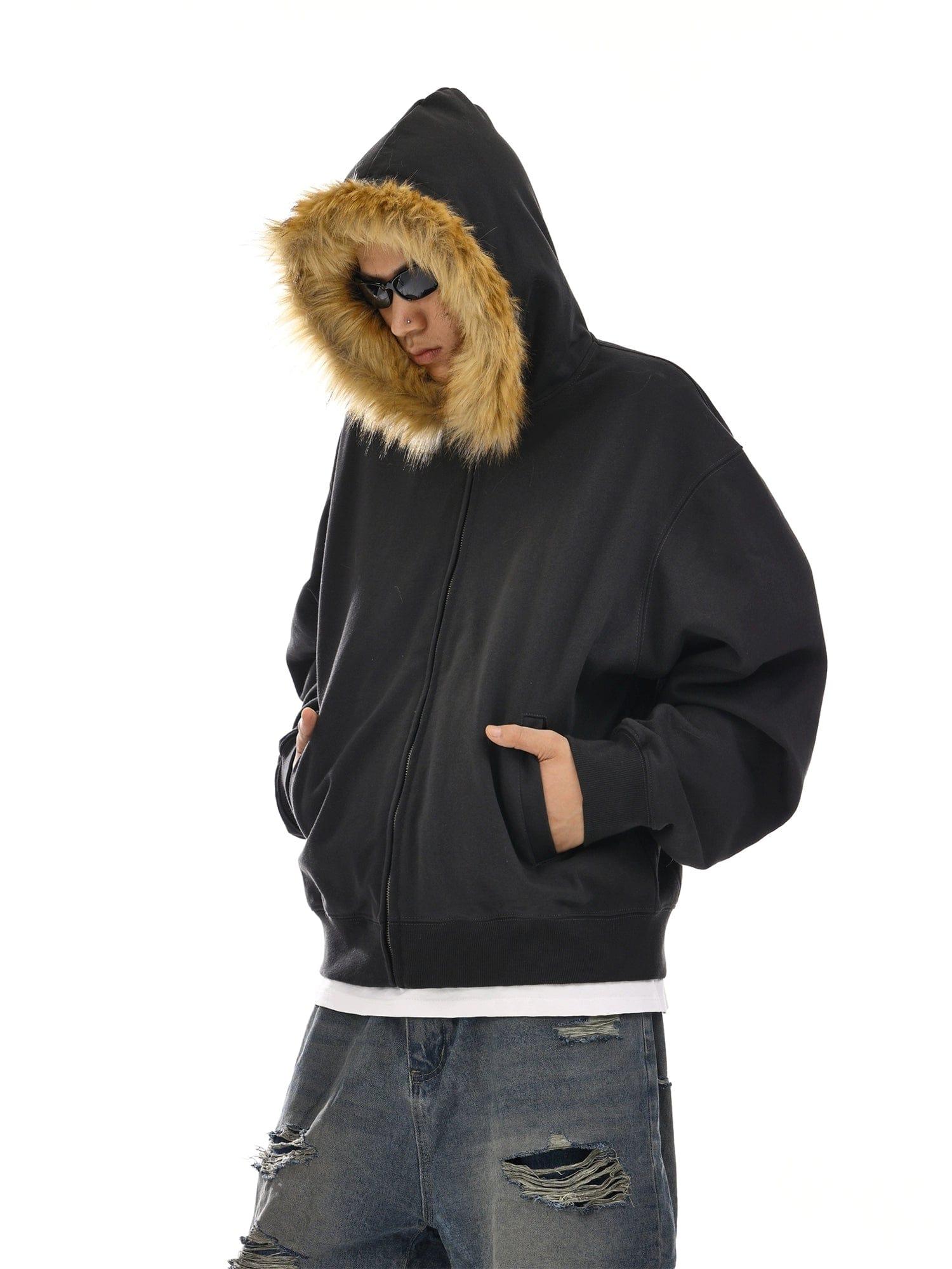 RT No. 12054 CARBON BLACK FUR ZIP-UP HOODIE Product Image
