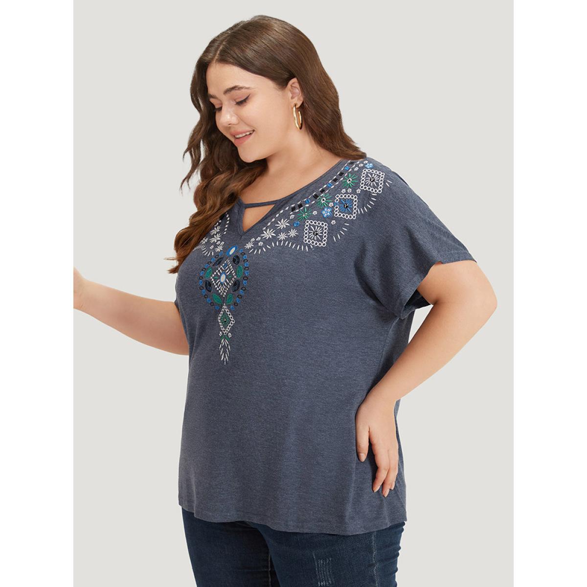 Plus Size Floral Embroidered Keyhole Dolman Sleeve T-shirt Blue Women Elegant Cut-Out Bohemian Print Keyhole Cut-Out Dailywear T-shirts BloomChic 26/4X Product Image